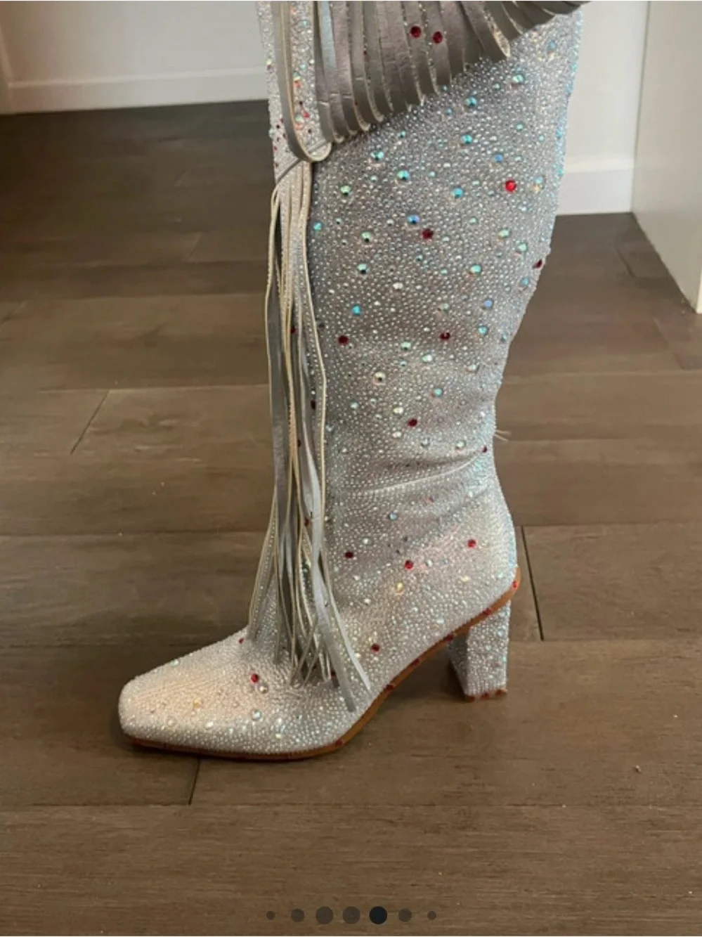Silver Crystal Over-the-Knee Block Heel Boots with Fringe